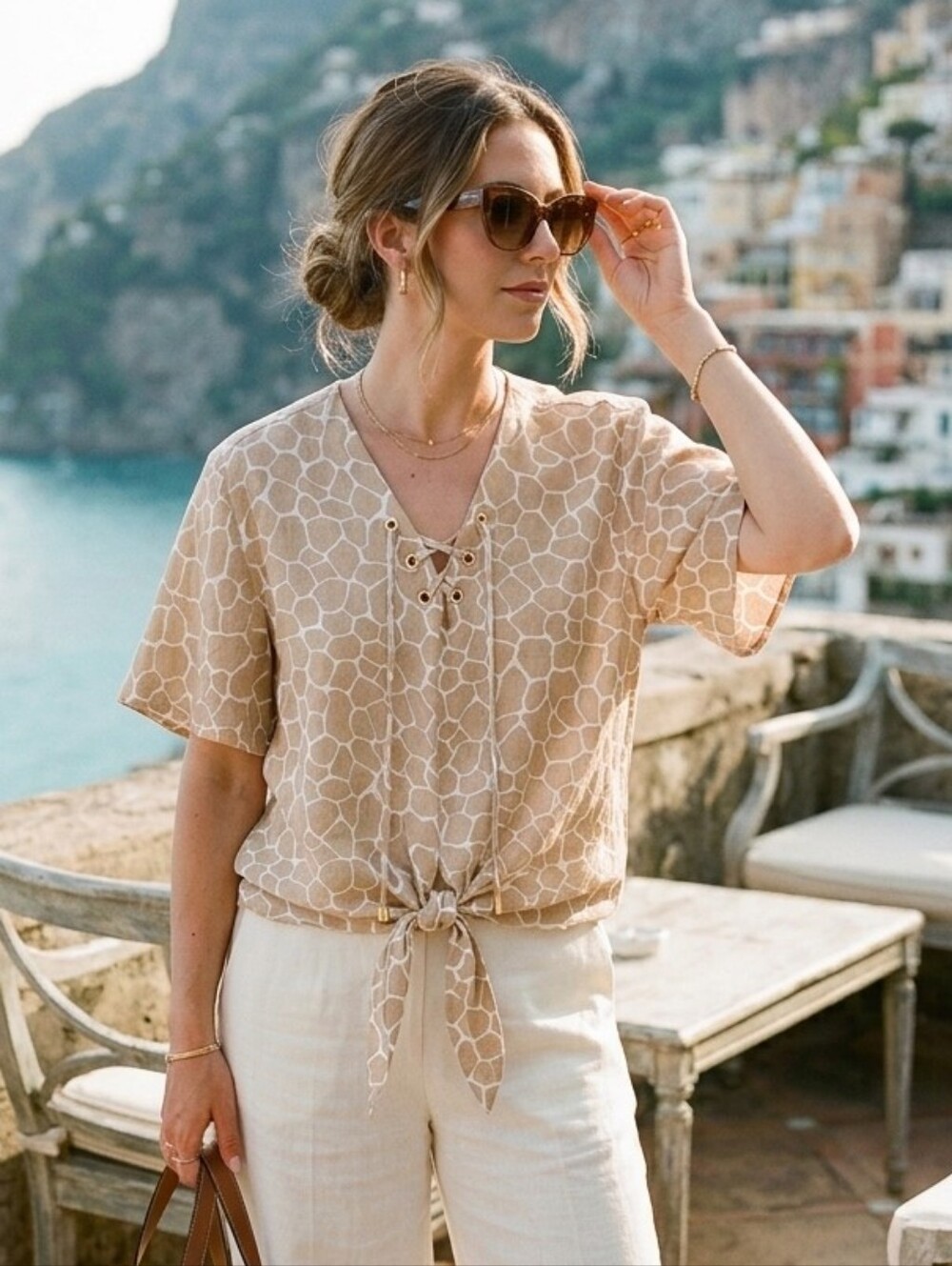 NWOT MICHAEL Michael Kors L Giraffe Tie Front Linen Top Quiet Luxury Resortwear